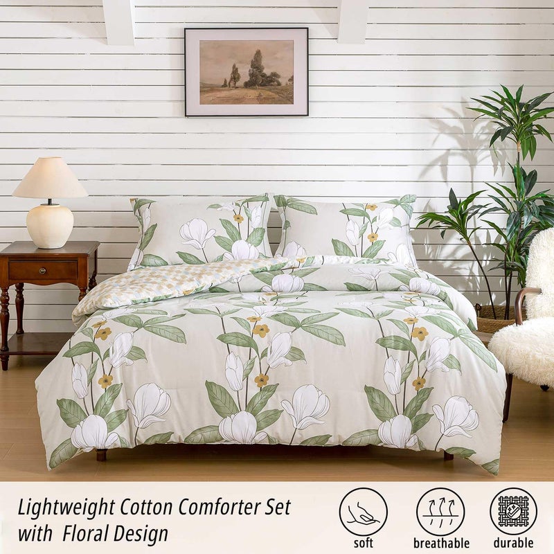 ALEISSEL Pale Moss Green Botanical Cotton Comforter Queen Size - Elegant White Magnolia Floral Front & Retro Taupe Checkerboard Reverse  Lightweight 3PC Bedding Sets with Soft Fill 90  90 - Image 2